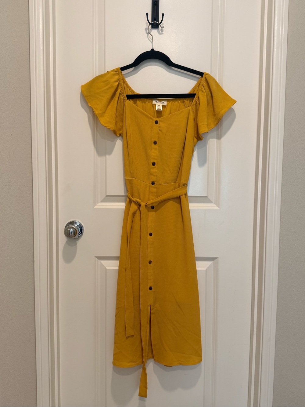 Monteau Mustard Yellow Button-Front Midi Dress with Tie Waist